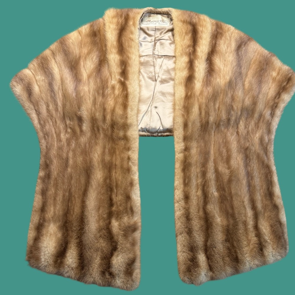 Beckman Furs Womens Fur Stole Wrap Shawl Cape Brown Satin Lined Vintage